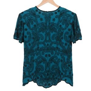 Stenay Silk Beaded Evening Top Teal Green Floral Scalloped Hem Vintage Size L